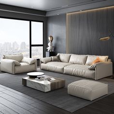 a living room with couches and tables in front of a large window overlooking the city