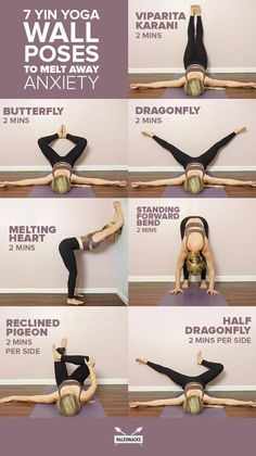 a woman is doing yoga poses to help her get up from the floor and into the wall