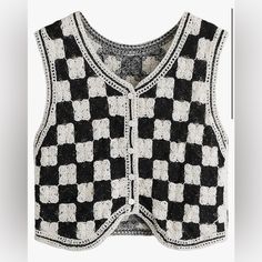 Crochet Black And White Checkered Button Up Vest. Fits S/M. Never Worn Checkered Vest, Checker Vest, Crochet Plaid, Sweater Vest Black, Argyle Vest, Floral Print Sweater, Knit Sweater Vest, Color Block Sweater, Checkered Pattern