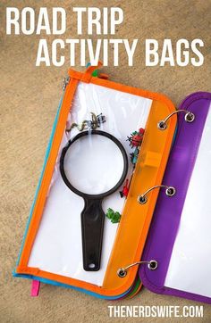 an open book with a magnifying glass in it and the title road trip activity bags