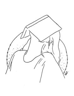 a black and white drawing of a person with a graduation cap on their head looking at the sky