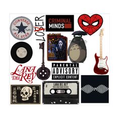 an assortment of stickers and decals on a white background, including a guitar