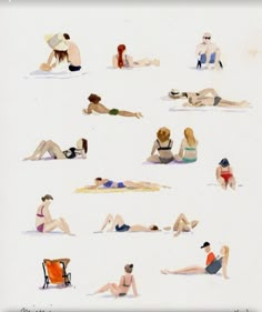 several people sitting and laying on the beach, some in swimsuits or bathing suits