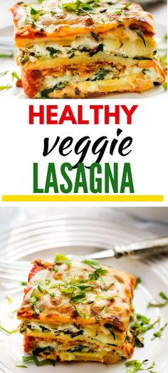 healthy veggie lasagna on a white plate with the title above it