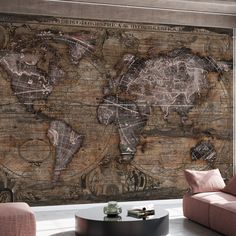 a living room with a large map on the wall