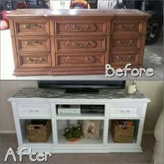 before and after photos of an old dresser turned into a tv stand with marble top