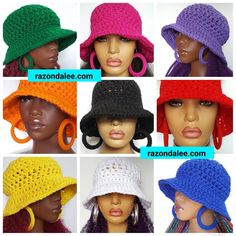 many different types of hats are shown in this photo, including one with large hoop earrings and the other with small round earrings