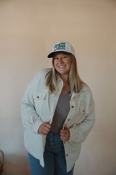 two-tone evergreen + cream trucker hat with embroidered lettering + adjustable snapback Oversized Shacket, Embroidered Lettering, Country And Western, Sweatshirt Style, Elbow Patch, Never Be The Same, Early Fall Outfit, Minimalist Wardrobe, Women's Casual Style