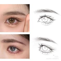 three different views of an eye, one with long eyelashes and the other with short lashes