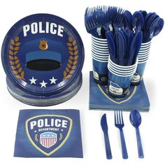 PRICES MAY VARY. Police Party Supplies: This pack includes 24 of the following: paper plates, napkins, cups, knives, forks, and spoons; paper cups hold approximately 250 milliliters of liquid; Napkins are 2-ply and measure 13 x 13 inches when unfolded and measures 6.5 x 6.5 inches folded; Plates are 9 inches in diameter; 144 pieces in total Law Enforcement Theme: The paper plates, cups, and napkins each feature unique designs ranging from cop cars, uniforms, and badges all over a navy blue backg Plastic Party Plates, Birthday Party Set, Party Bundles