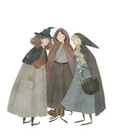 three women dressed in costumes and hats, one holding a bag while the other holds a purse