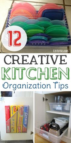 the kitchen organization tips for organizing and storage with text overlay that reads 12 creative kitchen organization tips