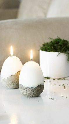 two white candles sitting on top of a table next to a potted green plant