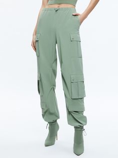 Shara Parachute Cargo Pant In Sage | Alice + Olivia Spring Techwear Tapered Leg Parachute Pants, Spring Techwear Parachute Pants With Tapered Leg, Spring Functional Cargo Pants With Pockets, Functional Spring Cargo Pants With Pockets, Nylon Cargo Parachute Pants For Work, Spring Cargo Parachute Pants, Functional Parachute Pants With Cargo Pockets For Spring, Spring Functional Parachute Pants With Cargo Pockets, Fall Nylon Cargo Pants