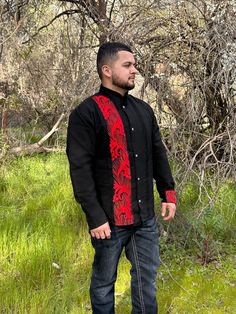 This Guayabera Shirt is a Traditional Mexican Shirt that never goes out of style. It is Stylish, Fresh and Comfortable. This Elegant Collared shirt is perfect for everyday use, Vacation and or any Special occasion. Black Long sleeve with Red embroidery Stripe detail and on one of the cuffs. - Made in Mexico  We are not responsible for Stolen, late or Lost packages due to mail carriers. Message us if you have any questions.  * More Guayaberas styles Avaible click links to view. https://www.etsy.com/CositasBonitasByAri/listing/1429673383/guayabera-men-long-sleeve-mexican-shirt?utm_source=Copy&utm_medium=ListingManager&utm_campaign=Share&utm_term=so.lmsm&share_time=1677962341769 https://www.etsy.com/CositasBonitasByAri/listing/1416914002/guayabera-men-long-sleeve-mexican-shirt?utm_source=Copy Traditional Long Sleeve Shirt With Button Closure, Traditional Black Embroidered Shirt, Traditional Fitted Shirt With Buttons, Red Embroidered Long Sleeve Shirt, Traditional Red Fitted Shirt, Traditional Cotton Shirt With Button Closure, Traditional Black Long Sleeve Shirt, Traditional Long Sleeve Black Shirt, Fitted Traditional Red Shirt