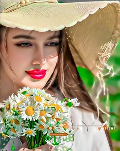 a woman wearing a hat holding a bouquet of daisies in front of her face