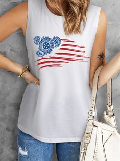 American Flag Sunflower Vest Aosig White Tops With American Flag Print For Beach, White American Flag Print Tops For Beach, White American Flag Print Top For Beach, White American Flag Print Top For The Beach, Spring Casual Tank Top With American Flag Print, Spring Beach Tops With Flag Print, Sleeveless Tops With American Flag Print For Spring, Casual American Flag Print Tank Top For Spring, Cotton Tank Top With Flag Print For Spring