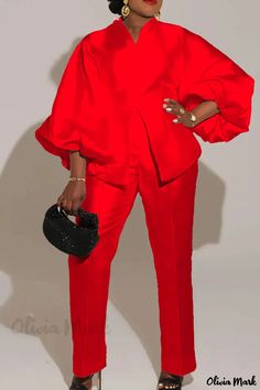 Olivia Mark - Red Casual Solid Patchwork V Neck Long Sleeve Co-ordinated Set Red Long Sleeve Sets For Party, Red Long-sleeve Party Sets, Red Long Sleeve Party Set, Red Workwear Sets For Fall, Red Party Sets For Fall, African Pants Suit, Suit For Woman, African Pants, Pant Suits For Women