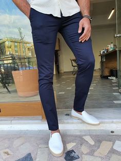 Ely Dark Blue Slim Fit Cotton Pants Dark Blue Pants Outfit Men, Blue Pants Outfit Men, Best Mens Pants, Navy Pants Outfit, Blue Chinos Men, Chinos Men Outfit, Blue Pants Outfit, Blue Pants Men, Slim Fit Pants Men