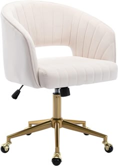 a white office chair with gold wheels and casteors