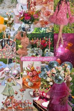 a collage of photos with pink, orange and green colors in the center is an image of a woman wearing a feathered dress