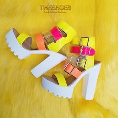 Multi Buckle Strap Open Toe Platform Sandals Cushioned Insole Lug Sole Measurement Heel Height: 5" (Approx) Platform 1.5" Yellow Platform High Heels, Yellow Platform Heels With Block Heel, Yellow Closed Toe Platform Heels, Yellow Synthetic Platform Heels, Yellow Synthetic Closed Toe Heels, Yellow Synthetic Closed-toe Heels, Yellow Platform Heels With Round Toe, Yellow Platform Heels For Summer, Yellow Closed Toe Heels In Synthetic Material