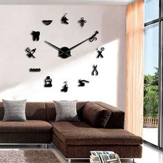 a living room filled with furniture and a large clock on the wall