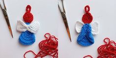 three crocheted angel ornaments with red, white and blue yarn next to each other