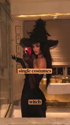 a woman in a black dress holding a red cell phone with the caption, single costumes witch