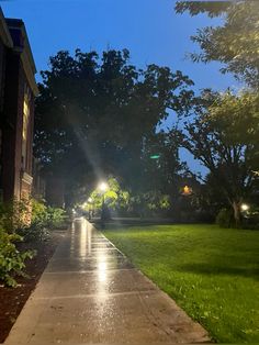 an empty sidewalk in the middle of a park at night