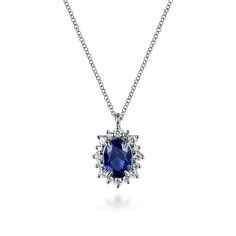 14K White Gold Diamond Halo and Oval Sapphire Classic Pendant Necklace Luxury Blue Oval Diamond Necklace, White Gold Sapphire Necklace, Gold Sapphire Necklace, Classic Pendant Necklace, White Gold Sapphire, Sapphire Necklace, Diamond Halo, Halo Diamond, White Gold Diamonds