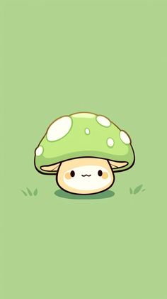 a green mushroom with white dots on it's head and eyes, sitting in the grass