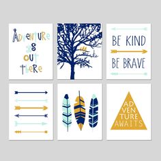 four different cards with arrows, trees and words in blue and yellow colors on them