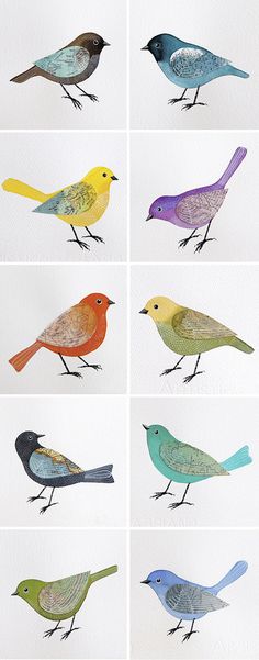 six different colored birds sitting on top of each other