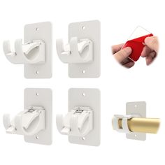 four different types of door handles and latches on white wall mounted brackets with red handle