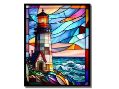 a stained glass window with a lighthouse in the ocean and waves coming up from it