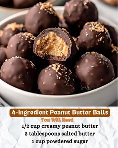 chocolate peanut butter balls in a bowl with text overlay that reads, 4 ingredient peanut butter balls you will need