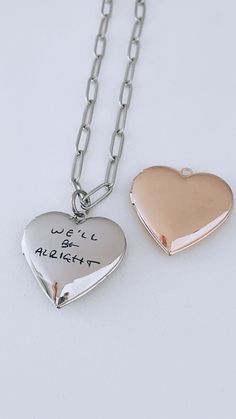 "Engraved Handwriting Locket Jewelry Pendant Necklace by Shiny Little Blessings on Etsy. T H E ∙ H A N D W R I T I N G ∙ L O C K E T D E T A I L S * Necklace is stainless steel * Finished options: silver, gold, rose gold * Locket is brass and 1x1 inches in size * Locket opens and can fit a picture * Locket is engraved on the front with ''We'll be alright'' handwriting * Necklace length is 20 inches * Each necklace comes gift wrapped. * Each necklace is made to order for YOU! * All handmade with Rose Gold Locket, Locket Jewelry, Engraved Handwriting, Handwriting Necklace, Paperclip Necklace, Picture Locket, Necklace Everyday, Gift Photo, Heart Locket Necklace