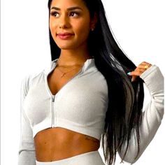 Brand New, Still In Packaging Silver Stretch Activewear For Athleisure, Silver Stretch Athleisure Activewear, Silver Fitted Activewear For Workout, Silver Fitted Activewear For Sports, Fitted Silver Activewear For Sports, Silver Stretch Top For Fall, Sporty Silver Long Sleeve Outerwear, Silver Fitted Long Sleeve Top, Fitted Silver Long Sleeve Tops