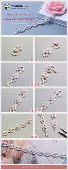 the instructions for how to make a beaded bracelet with pearls and flowers on it