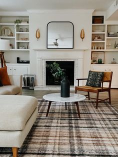 a living room filled with furniture and a fire place in the middle of a room