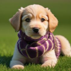 a puppy wearing a purple scarf laying in the grass