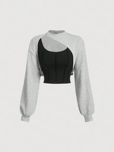 2pcs Women's Asymmetrical Casual Sweatshirt Set, Grey Fall Sweatshirts Women Two Piece Sets Asymmetrical Top Grey Casual  Long Sleeve Knitted Fabric Plain Pullovers Medium Stretch  Women Clothing, size features are:Bust: ,Length: ,Sleeve Length: Cotton Long Sleeve Tops With Fake Two-piece Detail, Casual Crew Neck Top With Fake Two-piece Design, Trendy Fake Two-piece Top For Winter, Trendy Winter Fake Two-piece Top, Gray Asymmetrical Top For Layering, Fitted Tops With Fake Two-piece For Layering, Trendy Long Sleeve Tops With Splicing, Trendy Long Sleeve Spliced Tops, Spring Long Sleeve Fake Two-piece Top