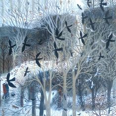 a painting of birds flying in the sky over trees and snow covered ground with people walking on it