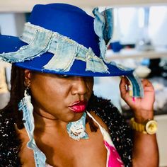 Brand New Royal Felt With Custom Work From “Sloppee Sekundz” Matching Mismate Light Weigh Denim Earrings In Order For The Uneek Hat Maven Edgy Glam, Denim Earrings, Wide Brim Fedora, Custom Denim, Top Hats, Denim Hat, Hat Ideas, Stylish Hats, Ear Rings