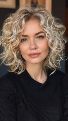 22 Short & Curly Hairstyles for Confident Older Women Medium Length Hair Curly Natural Curls, Permed Hairstyles For Round Faces, Medium Length Hairstyles For Curly Hair, Medium Length Blonde Hair Styles, Half Straight Half Curly Hair, Curly Hair Round Face Haircuts, Medium Length Naturally Curly Hair, Med Length Hairstyle Women, Bohemian Curly Hair