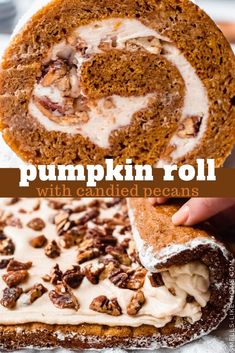 pumpkin roll with cream cheese frosting and pecans