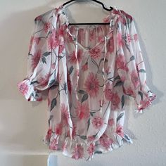 Simple Flavor Pink Semi Sheer Floral Bishops Sleeve Off Shoulder Top Nwt Size Large Feminine White Blouse With Floral Print, White Feminine Blouse For Vacation, Feminine White Blouse For Vacation, White Flowy Blouse For Spring, Off Shoulder Top, Bishop Sleeve, Off Shoulder Tops, Pink White, Shoulder Top