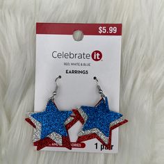 Red White And Blue Stars Cut Out Of Sparkly Fabric. Patriotic Red Star-shaped Earrings, Patriotic Blue Earrings For Party, Patriotic Red Star Earrings, Red Star-shaped Party Earrings, Red Star-shaped Earrings For Party, Red Star-shaped Earrings With Star Charm, Red Star Charm Earrings, Patriotic Blue Star Jewelry, Patriotic Blue Star Shaped Jewelry