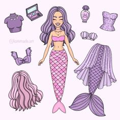 a paper doll with purple hair and accessories